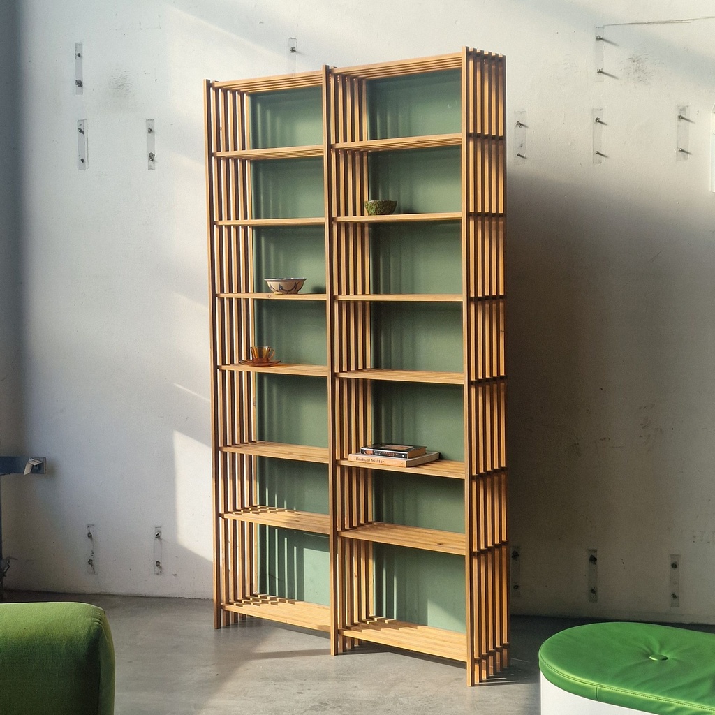 Reol med grøn bagvæg